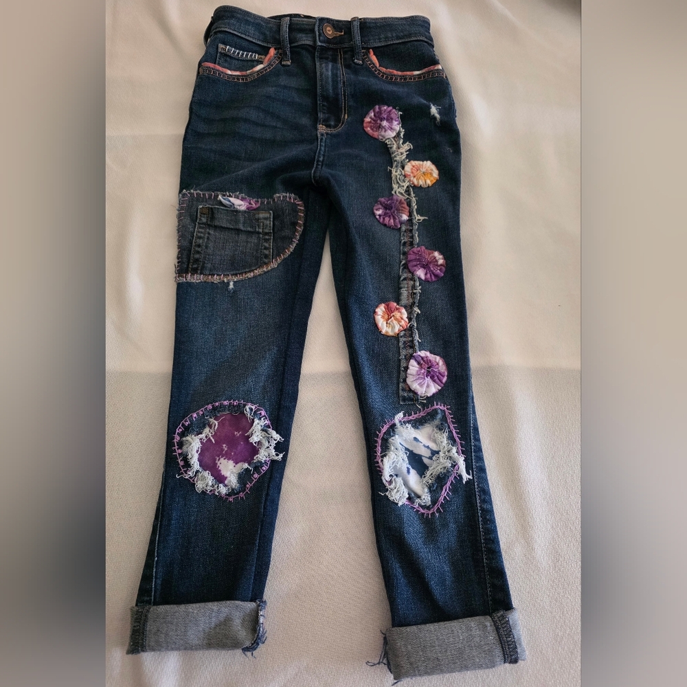Upcycled GIRLS Denim Blue Jeans with Tye-Dye Flowers Pockets Emboirdery